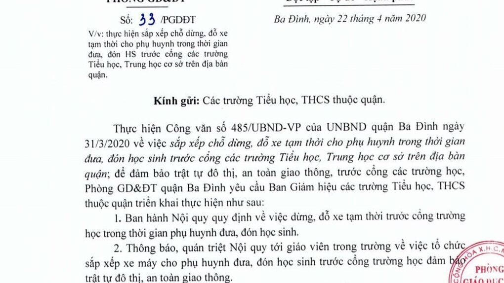 Công văn số 33 thực hiện việc dừng đỗ xe tạm thời cho phụ huynh trong thời gian đưa, đón học sinh