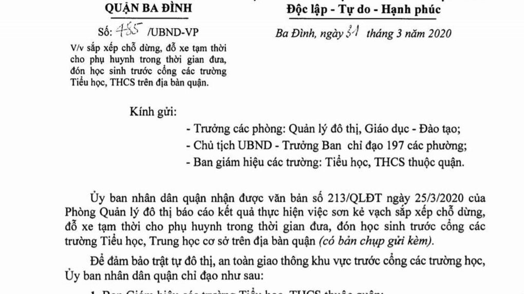 Công văn số 485 sắp xếp chỗ dừng, đỗ xe tạm thời cho phụ huynh