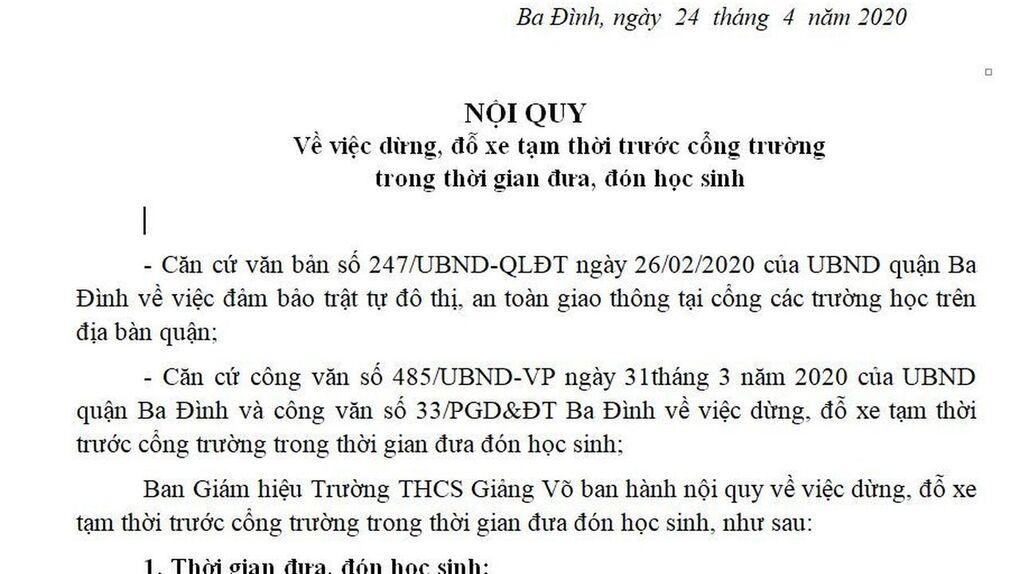 Nội quy về việc dừng, đỗ xe tạm thời trước cổng trường trong thời gian đưa, đón học sinh