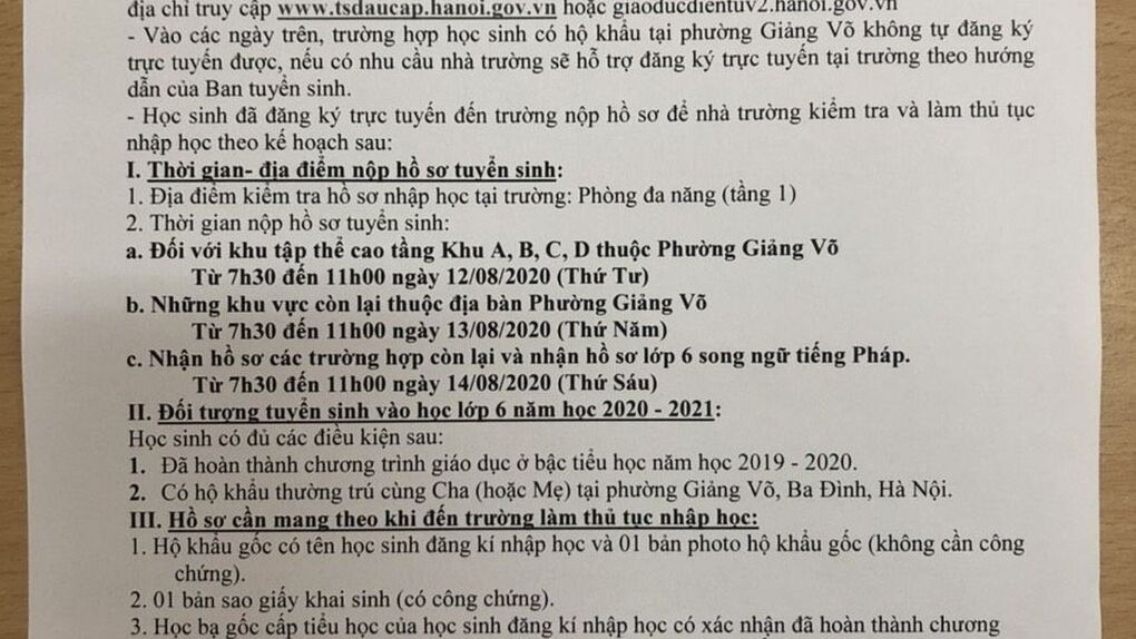 Thông báo tuyển sinh lớp 6 năm học 2020-2021 của trường THCS Giảng Võ