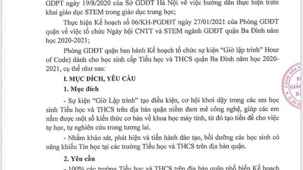 Kế hoạch tổ chức sự kiện "Giờ lập trình" (Hour of Code) dành cho học sinh cấp Tiểu học và THCS quận Ba Đình năm học 2020-2021